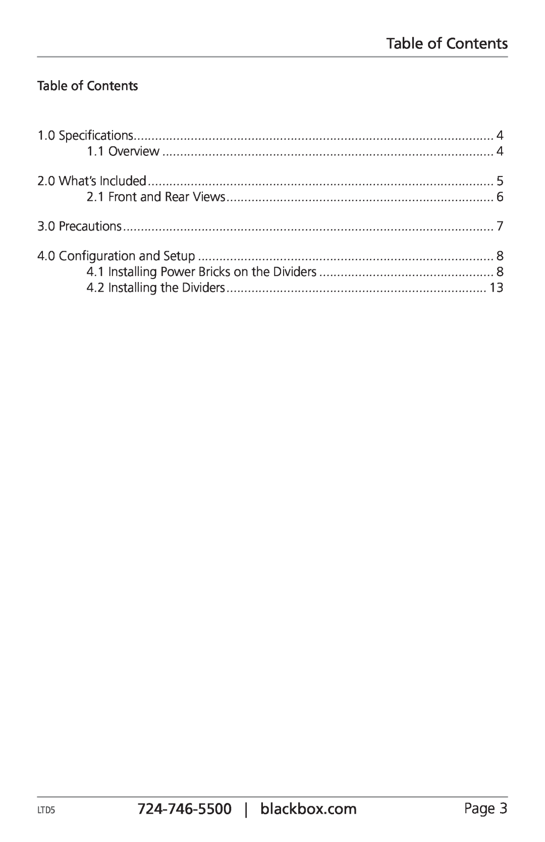 Black Box LTD5B, LTD8B manual Table of Contents, blackbox.com 