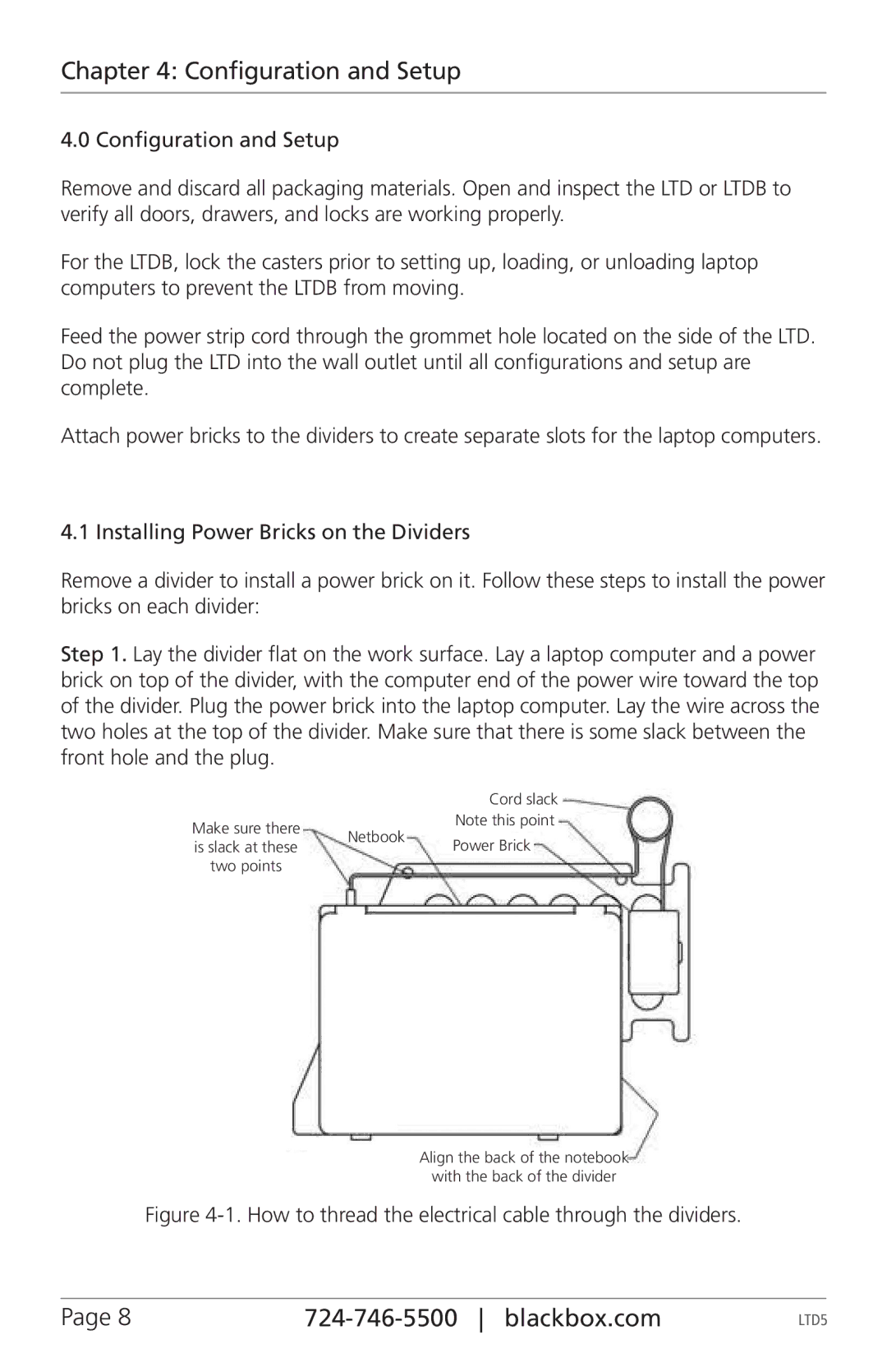 Black Box LTD5B, LTD8B manual Configuration and Setup, How to thread the electrical cable through the dividers 