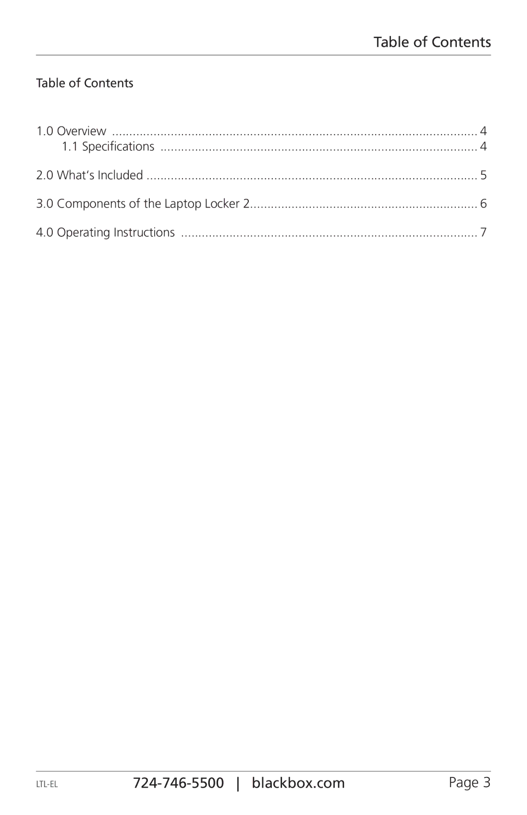 Black Box LTL-HL, LTL-EL, LTL-KL manual Table of Contents 