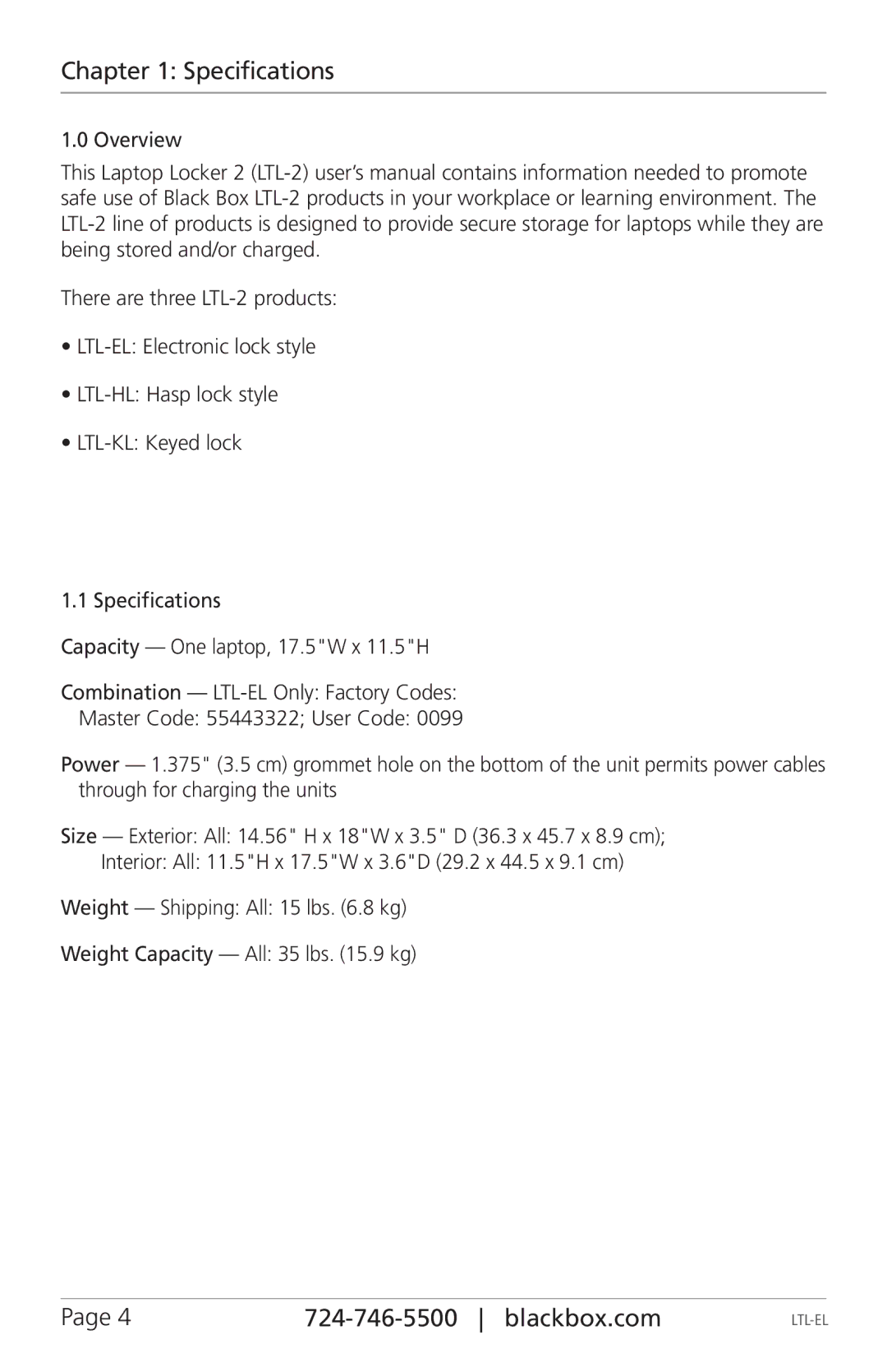 Black Box LTL-EL, LTL-HL, LTL-KL manual Specifications 