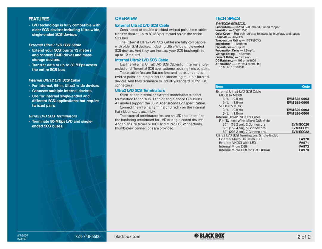 Black Box LVD SCSI Cables and Terminators manual Overview, Tech Specs, External Ultra2 LVD Scsi Cable 