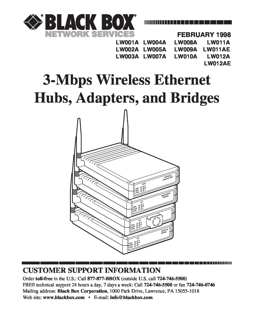 Black Box LW012AE manual Mbps Wireless Ethernet Hubs, Adapters, and Bridges, Customer Support Information, February 