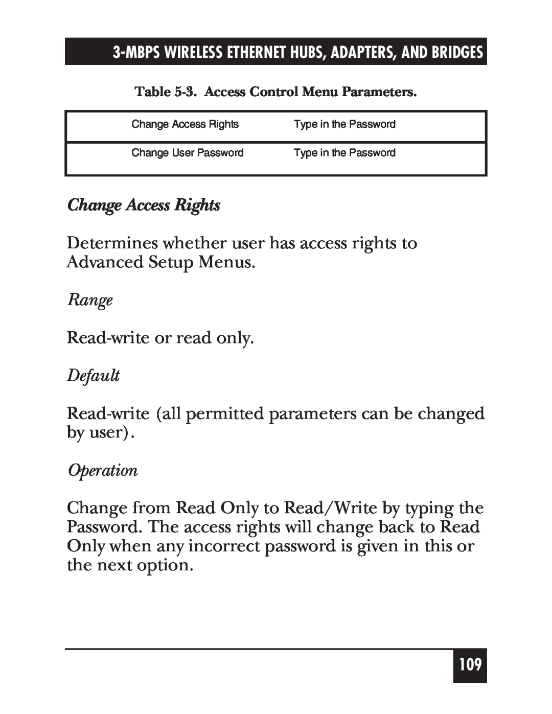 Black Box LW003A, LW012AE, LW011AE, LW008A, LW005A, LW009A, LW002A, LW004A Change Access Rights, Range, Default, Operation 