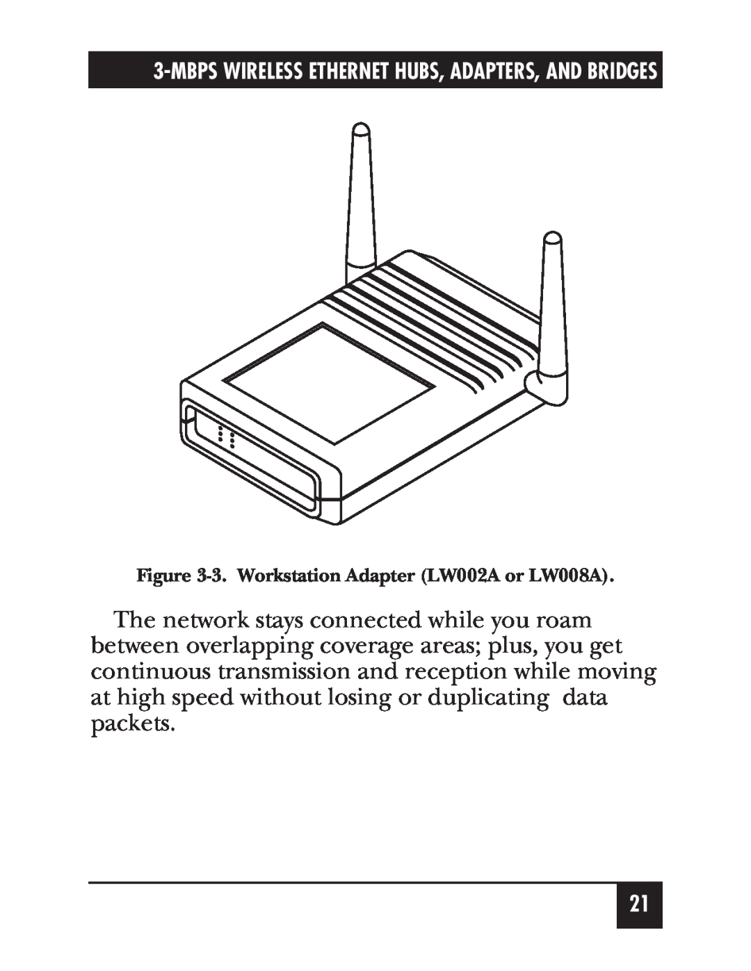 Black Box LW007A, LW012A manual Mbps Wireless Ethernet Hubs, Adapters, And Bridges, 3. Workstation Adapter LW002A or LW008A 