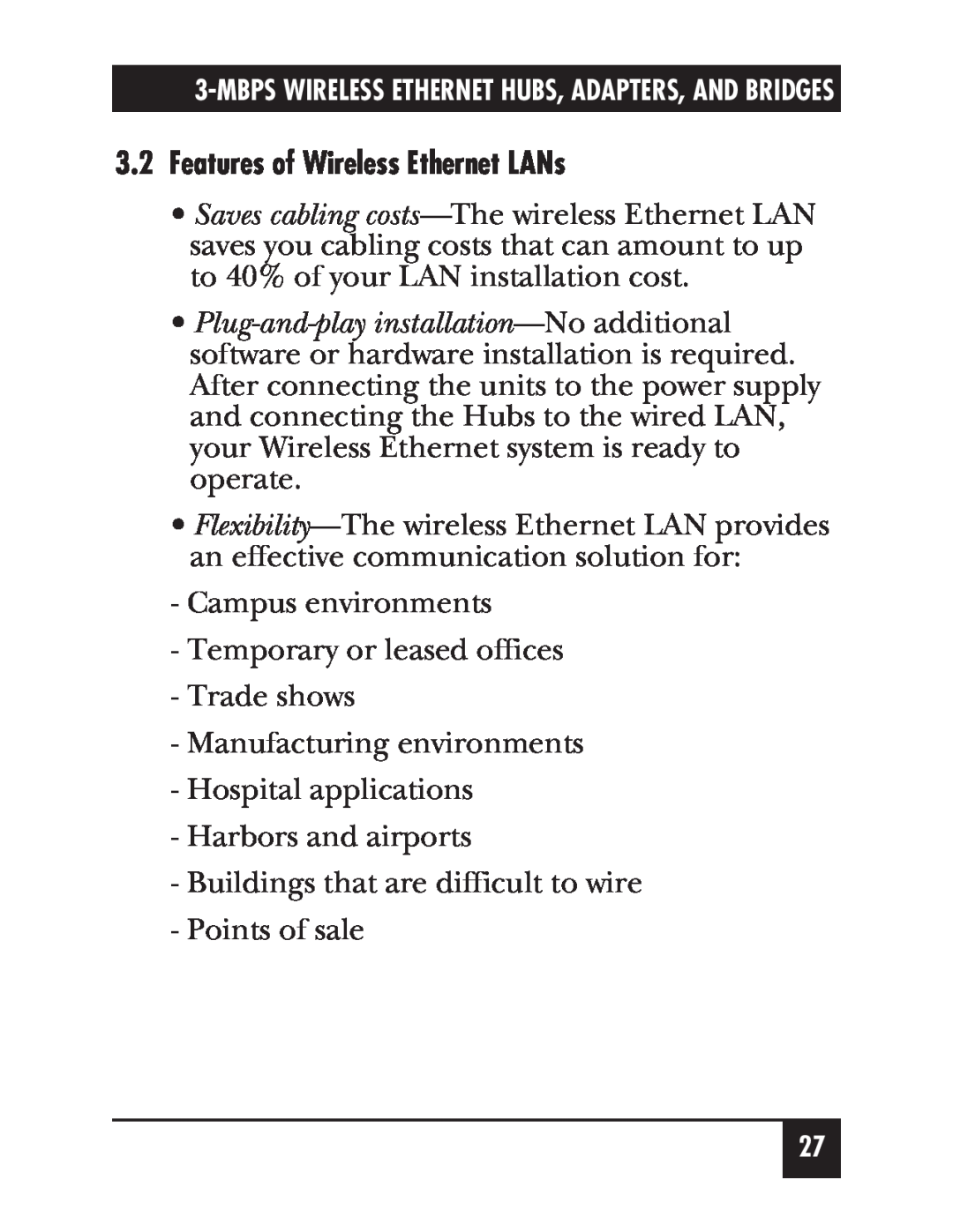 Black Box LW012AE, LW011AE, LW008A, LW005A, LW009A, LW003A, LW002A, LW004A, LW007A manual Features of Wireless Ethernet LANs 