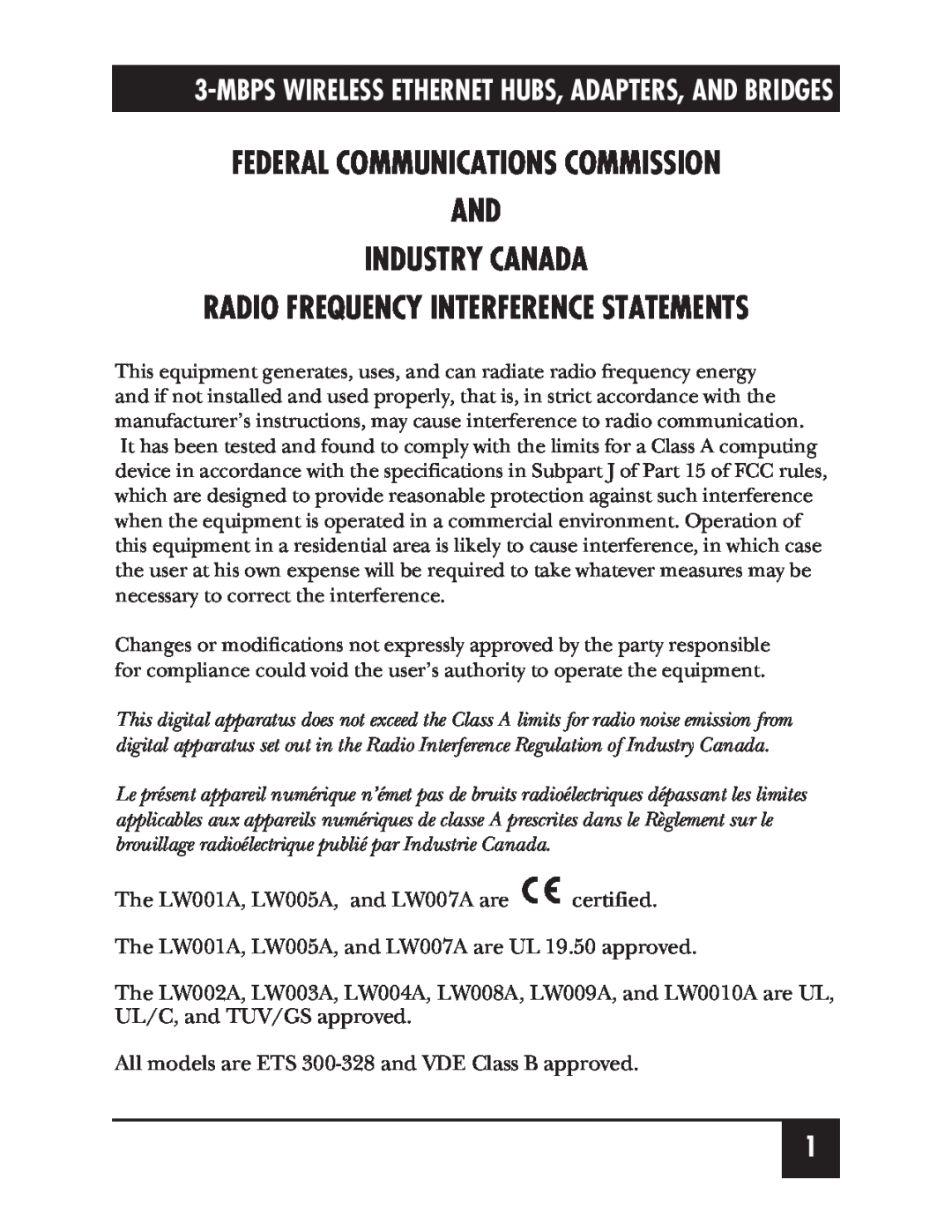 Black Box LW011A, LW012A Federal Communications Commission And Industry Canada, Radio Frequency Interference Statements 
