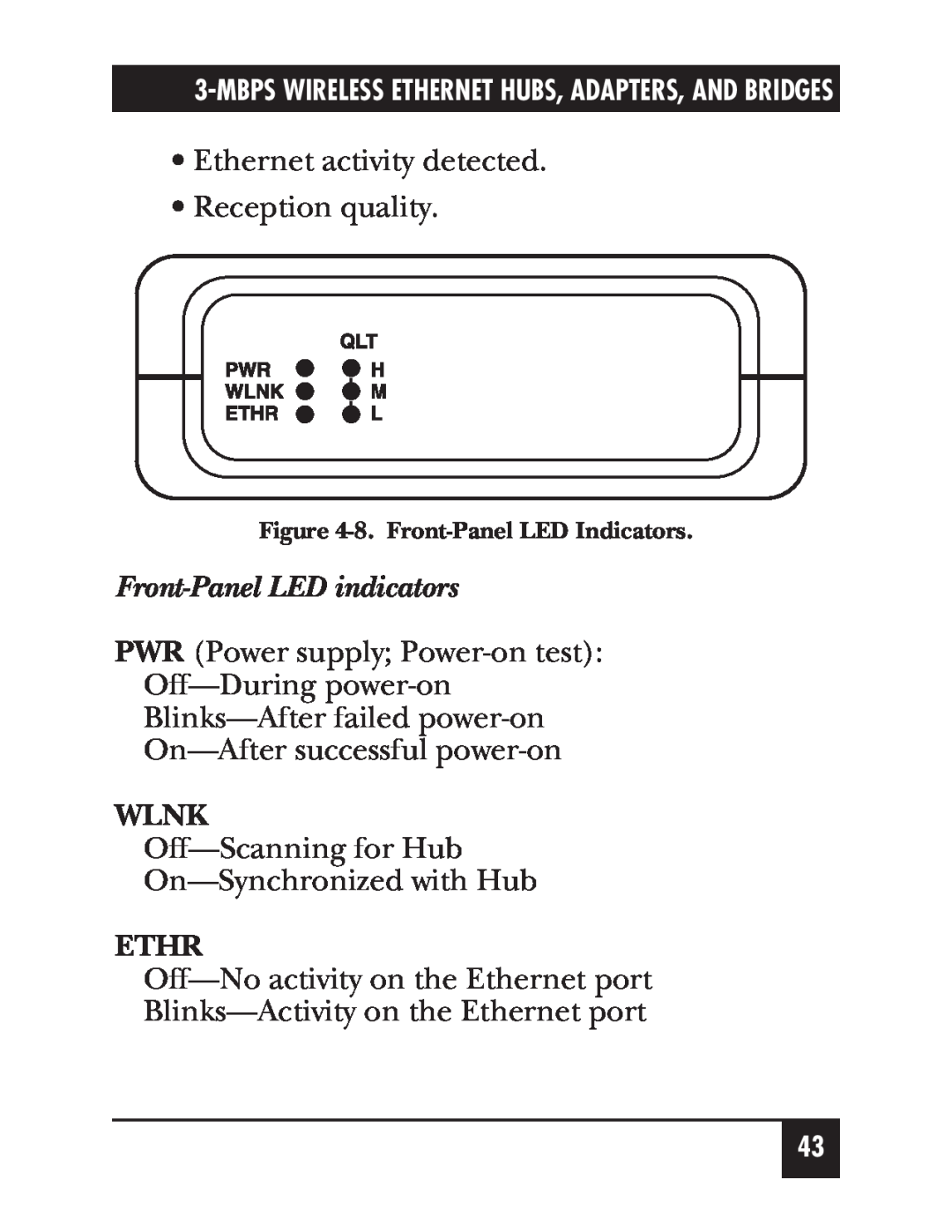 Black Box LW009A, LW012A, LW011A Front-Panel LED indicators, Wlnk, Ethr, Mbps Wireless Ethernet Hubs, Adapters, And Bridges 