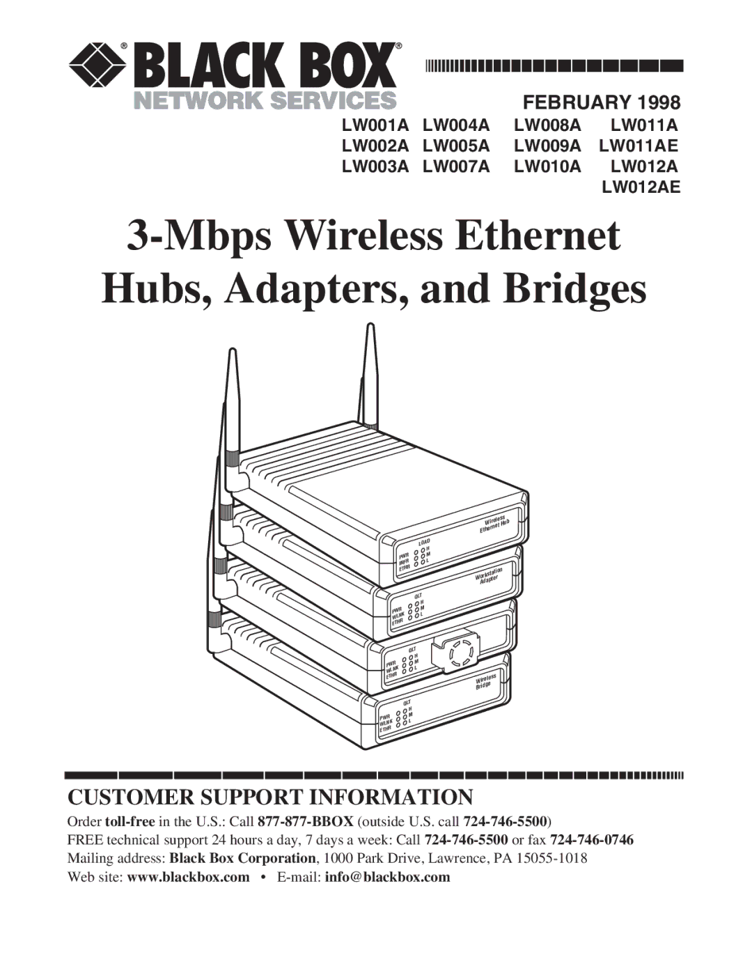 Black Box LW012AE, LW011AE, LW008A, LW005A, LW009A, LW003A, LW002A manual Mbps Wireless Ethernet Hubs, Adapters, and Bridges 