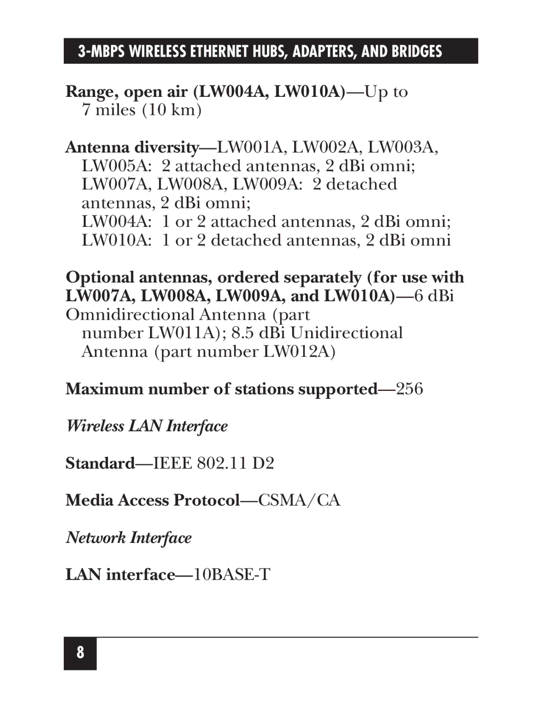 Black Box LW007A, LW012AE, LW011AE, LW008A, LW005A, LW009A, LW003A, LW002A, LW004A Wireless LAN Interface, Network Interface 