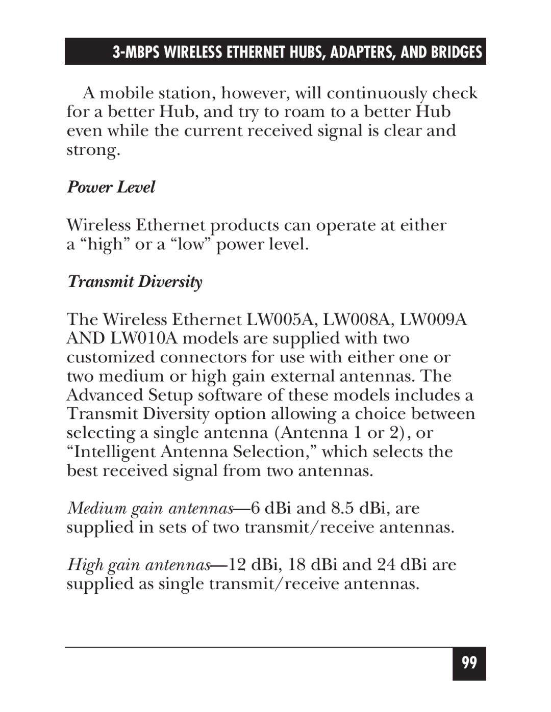 Black Box LW007A, LW012AE, LW011AE, LW008A, LW005A, LW009A, LW003A, LW002A, LW004A, LW010A manual Power Level, Transmit Diversity 