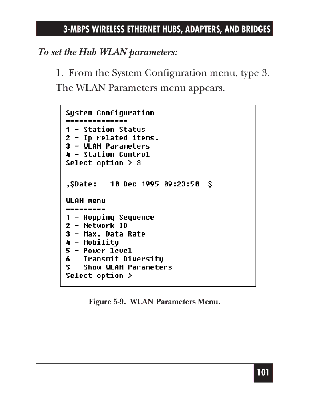 Black Box LW001A, LW012AE, LW011AE, LW008A, LW005A, LW009A, LW003A manual To set the Hub Wlan parameters, Wlan Parameters Menu 