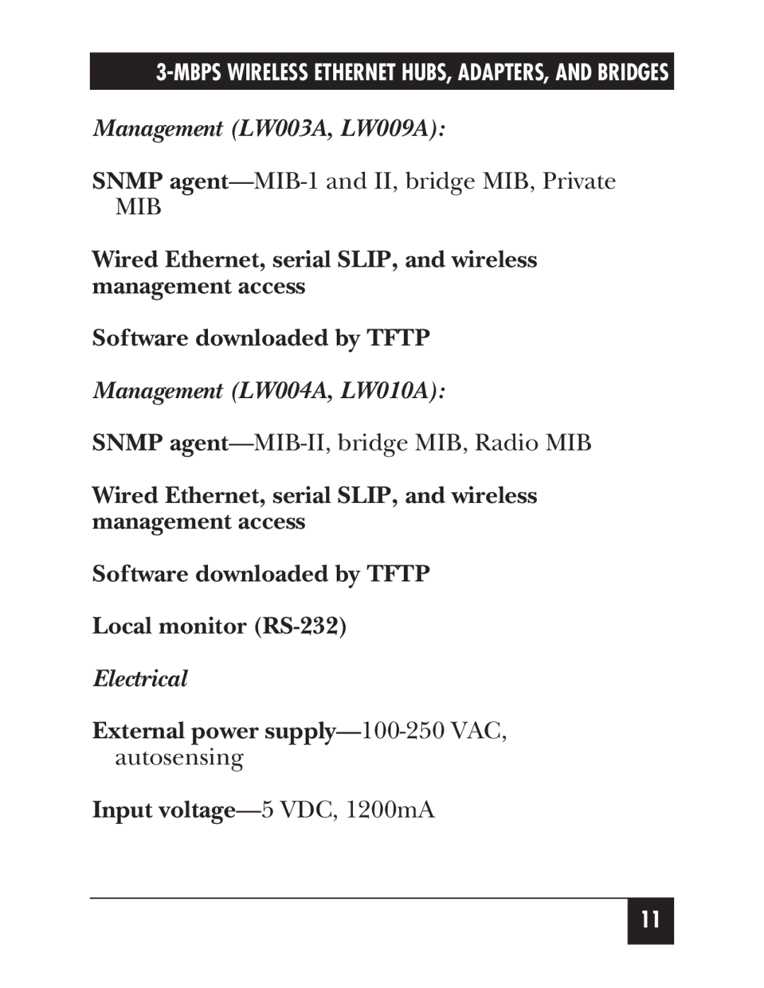 Black Box LW012AE, LW011AE, LW008A, LW005A, LW002A, LW007A Management LW003A, LW009A, Management LW004A, LW010A, Electrical 