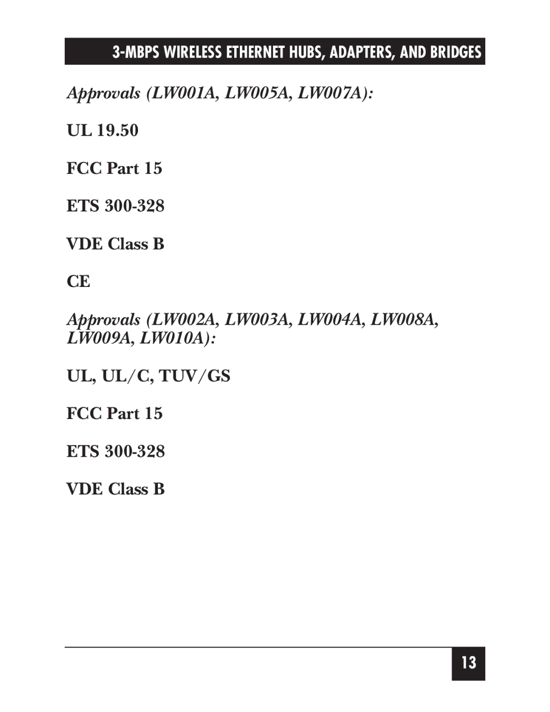 Black Box LW011AE, LW012A manual Approvals LW001A, LW005A, LW007A, Approvals LW002A, LW003A, LW004A, LW008A, LW009A, LW010A 