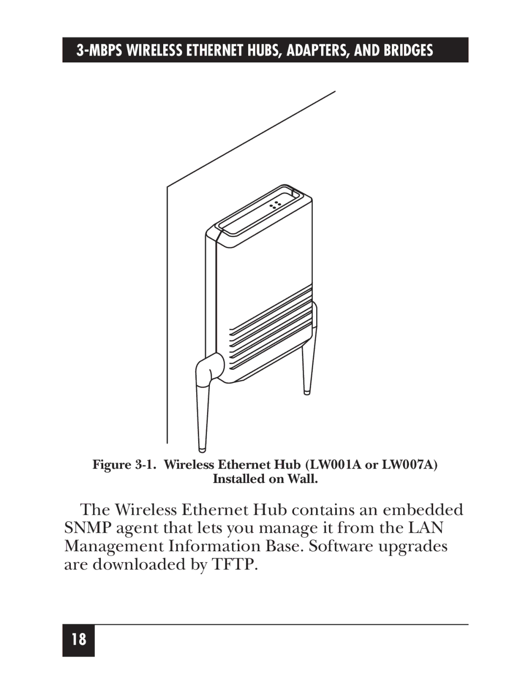 Black Box LW003A, LW012AE, LW011AE, LW008A, LW005A, LW009A, LW002A Wireless Ethernet Hub LW001A or LW007A Installed on Wall 