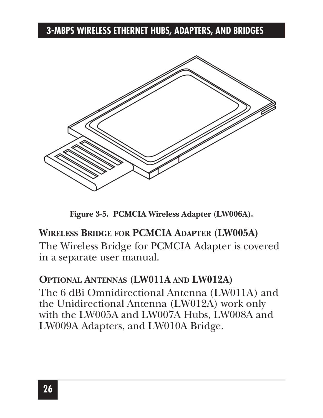 Black Box LW011AE, LW012AE, LW008A, LW005A, LW009A, LW003A, LW002A, LW004A, LW007A, LW010A manual Pcmcia Wireless Adapter LW006A 