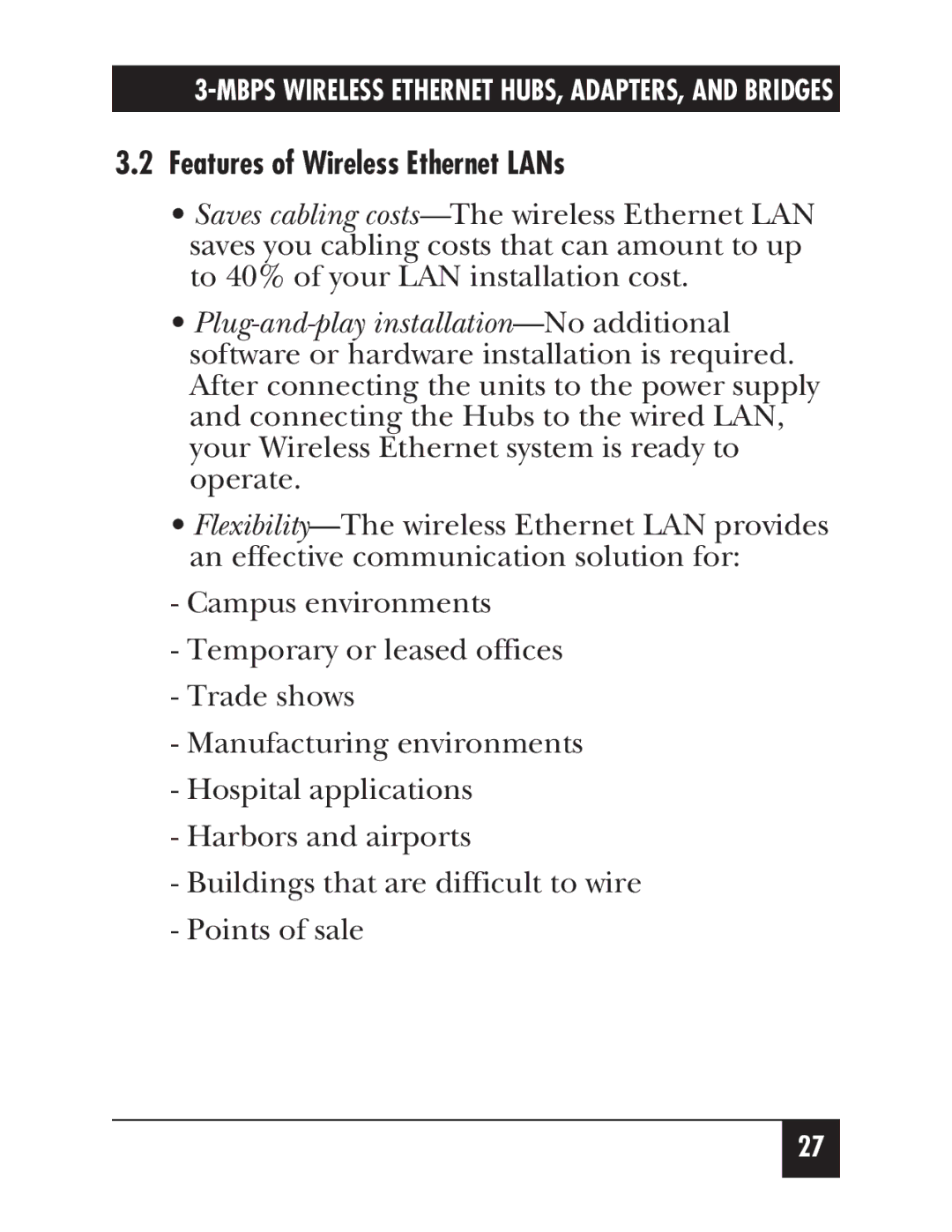 Black Box LW012AE, LW011AE, LW008A, LW005A, LW009A, LW003A, LW002A, LW004A, LW007A manual Features of Wireless Ethernet LANs 