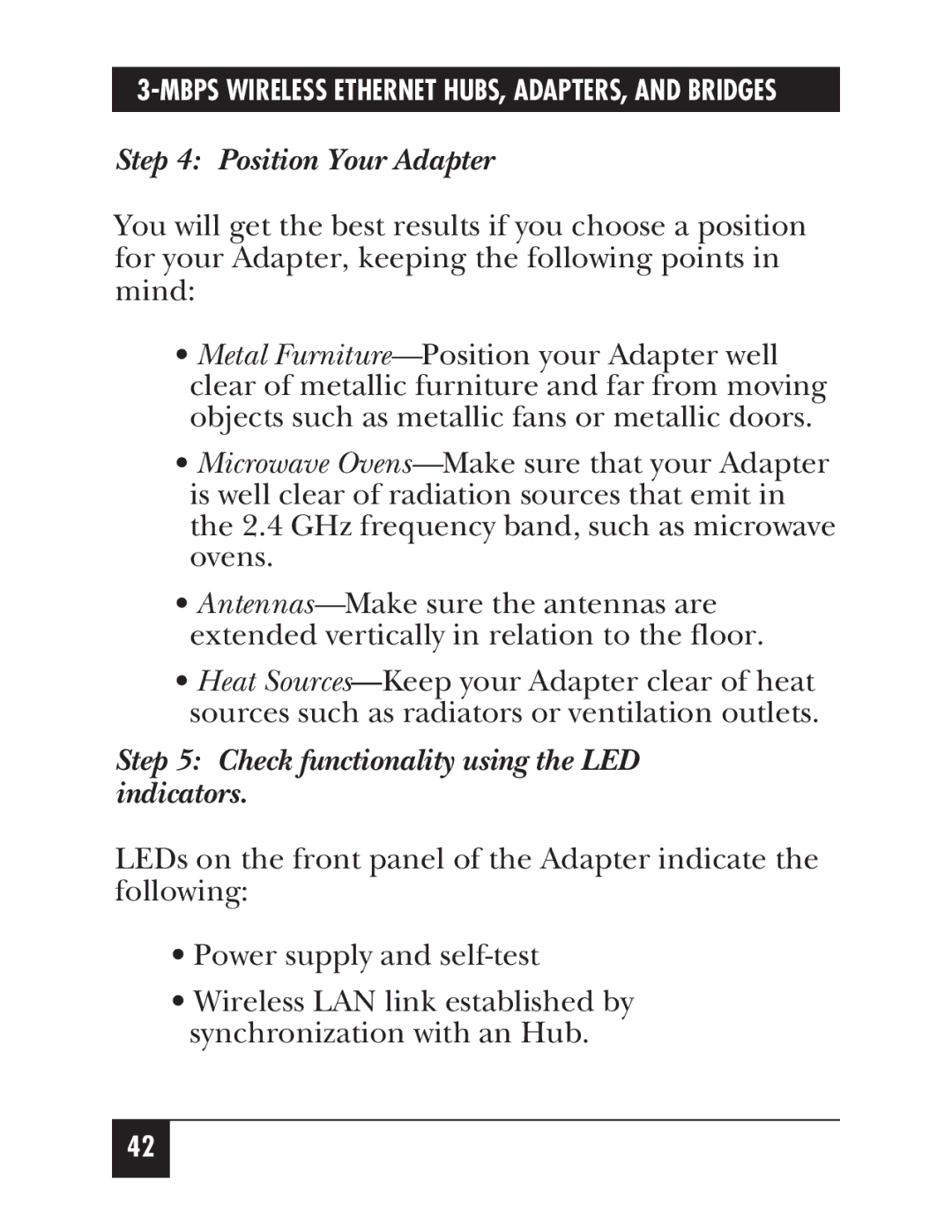 Black Box LW005A, LW012AE, LW011AE, LW008A, LW009A Position Your Adapter, Check functionality using the LED indicators 