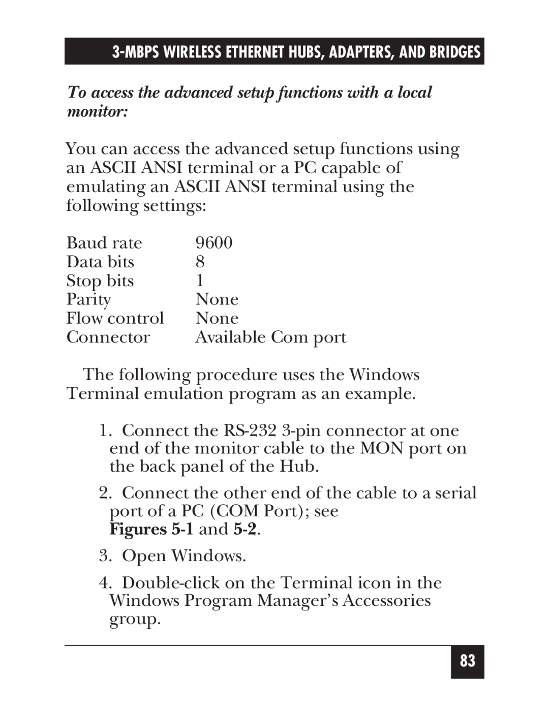 Black Box LW003A, LW012AE, LW011AE, LW008A manual To access the advanced setup functions with a local monitor, Figures 5-1 