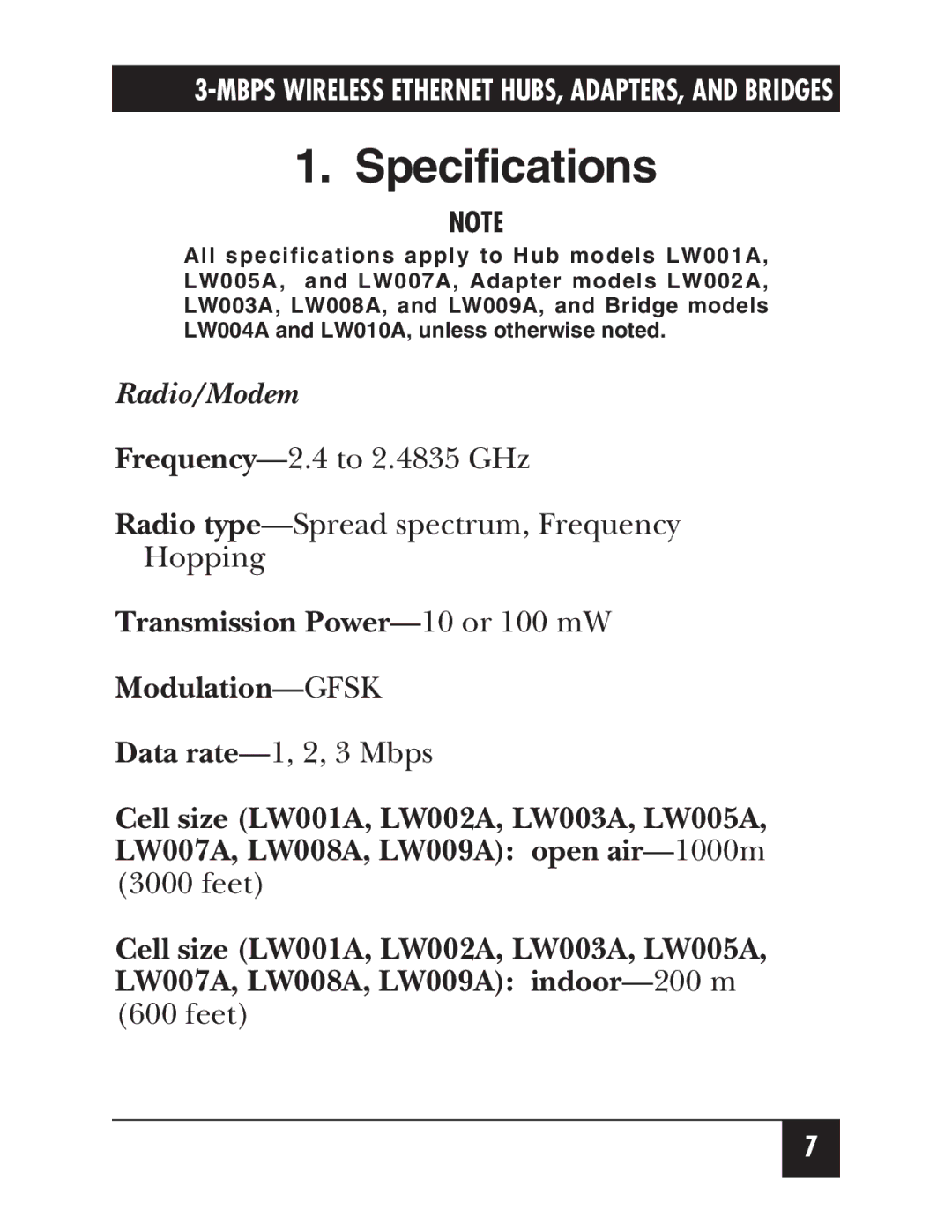 Black Box LW004A, LW012AE, LW011AE, LW008A, LW005A, LW009A, LW003A, LW002A, LW007A, LW010A, LW001A Specifications, Radio/Modem 