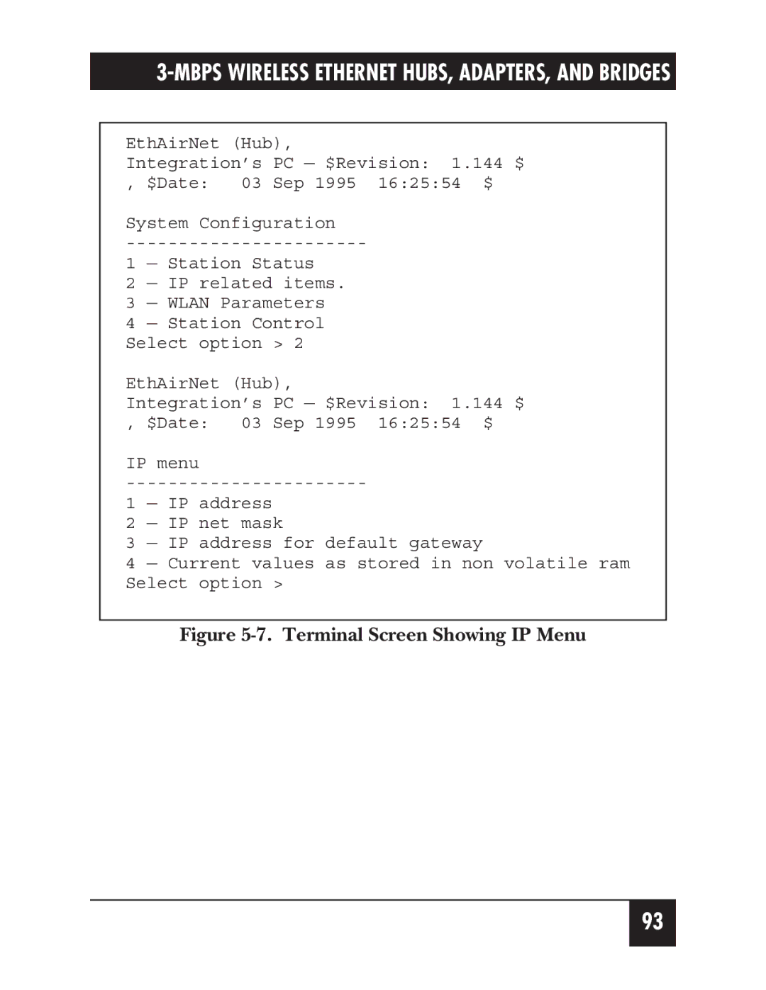 Black Box LW008A, LW012AE, LW011AE, LW005A, LW009A, LW003A, LW002A, LW004A, LW007A, LW010A manual Terminal Screen Showing IP Menu 