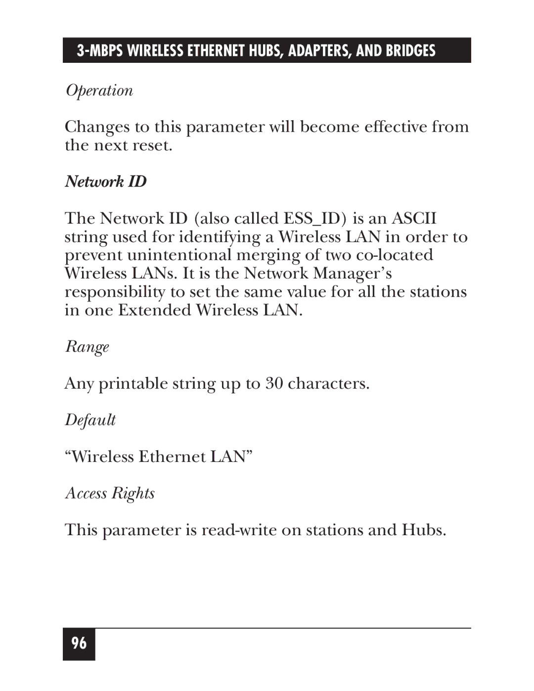 Black Box LW003A, LW012AE, LW011AE, LW008A, LW005A, LW009A, LW002A, LW004A, LW007A, LW010A manual Operation, Network ID, Default 