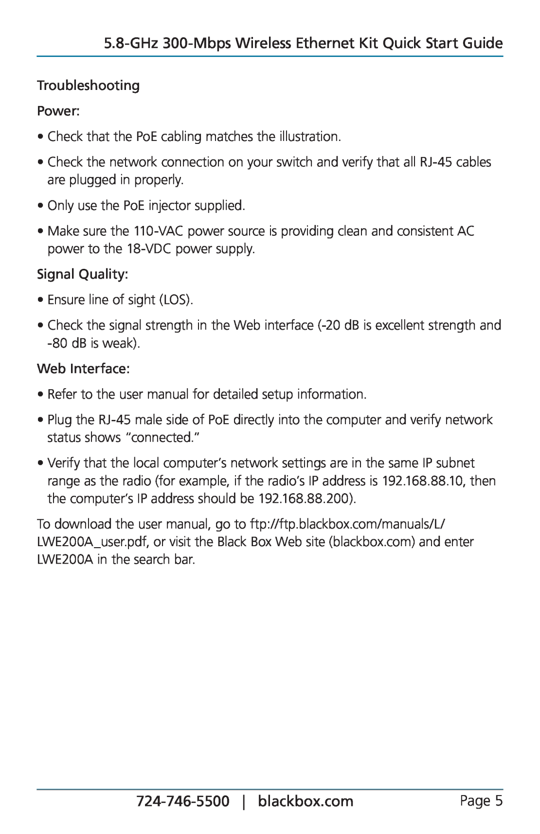 Black Box LWE200A-KIT, LWE200A-S, LWE200A-AP quick start GHz 300-Mbps Wireless Ethernet Kit Quick Start Guide 
