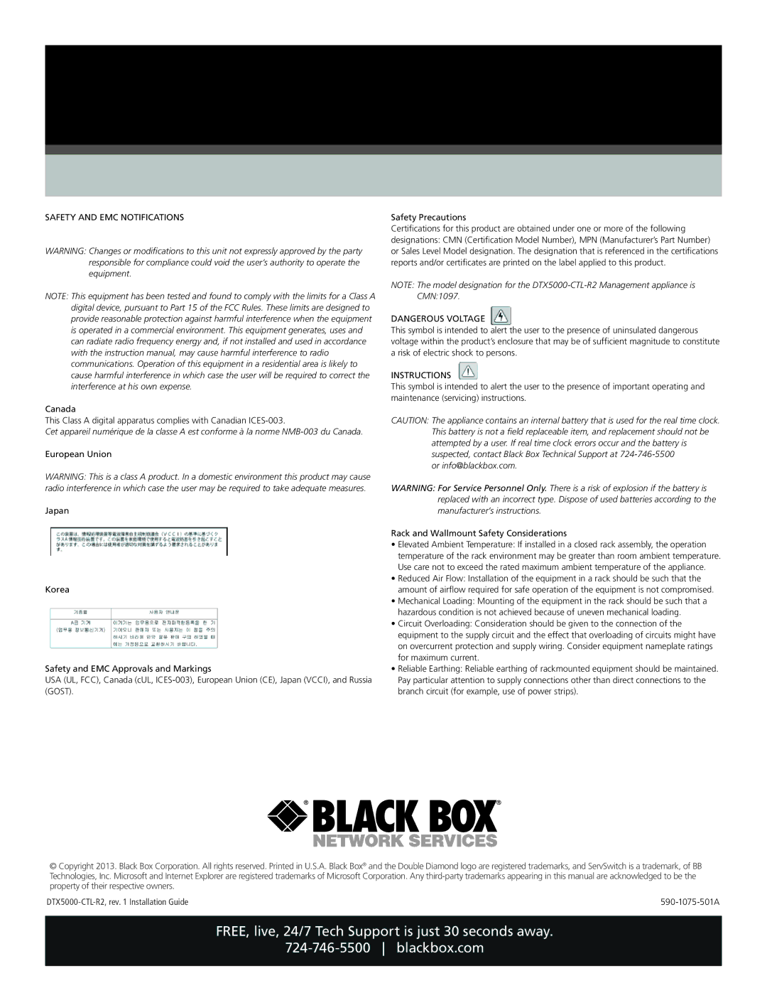 Black Box dtx5000-ctl-r2 manual Safety and EMC Notifications, Instructions, Or info@blackbox.com 