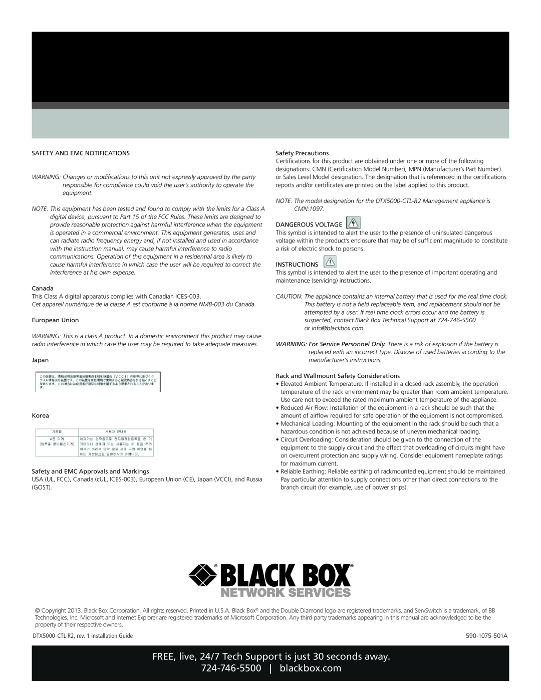 Black Box dtx5000-ctl-r2 FREE, live, 24/7 Tech Support is just 30 seconds away, DTX5000-CTL-R2, rev. 1 Installation Guide 