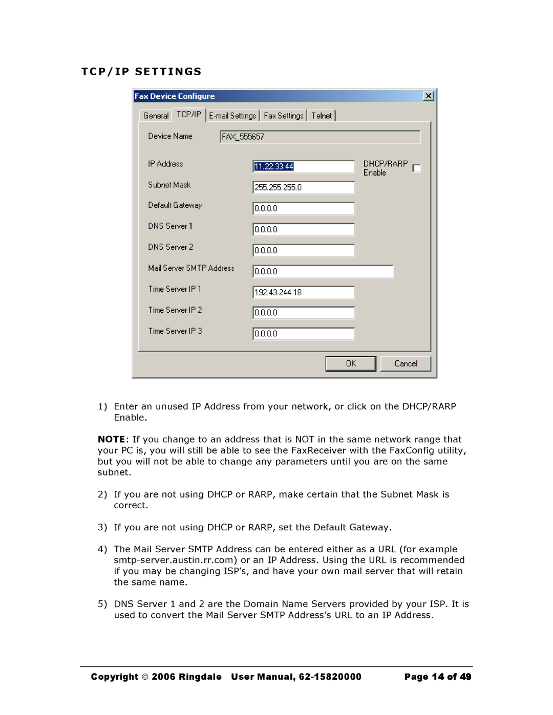 Black Box MC200A, Black Box Network Services FaxReceiver user manual TCP/IP Settings 