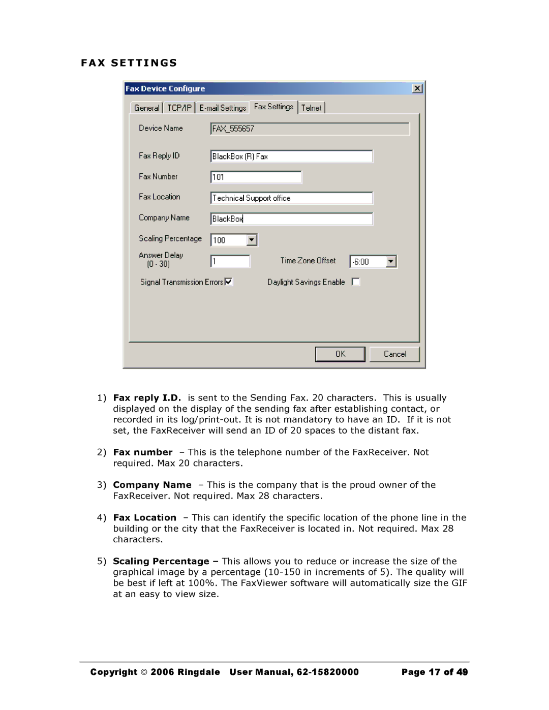 Black Box Black Box Network Services FaxReceiver, MC200A user manual FAX Settings 