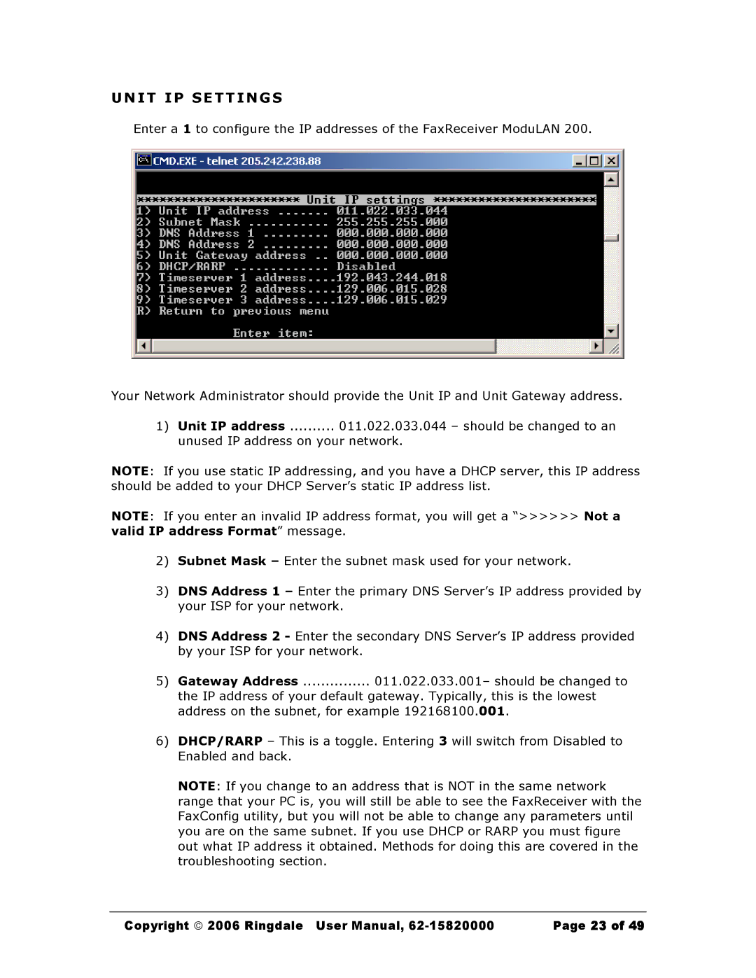 Black Box Black Box Network Services FaxReceiver, MC200A user manual Unit IP Settings 