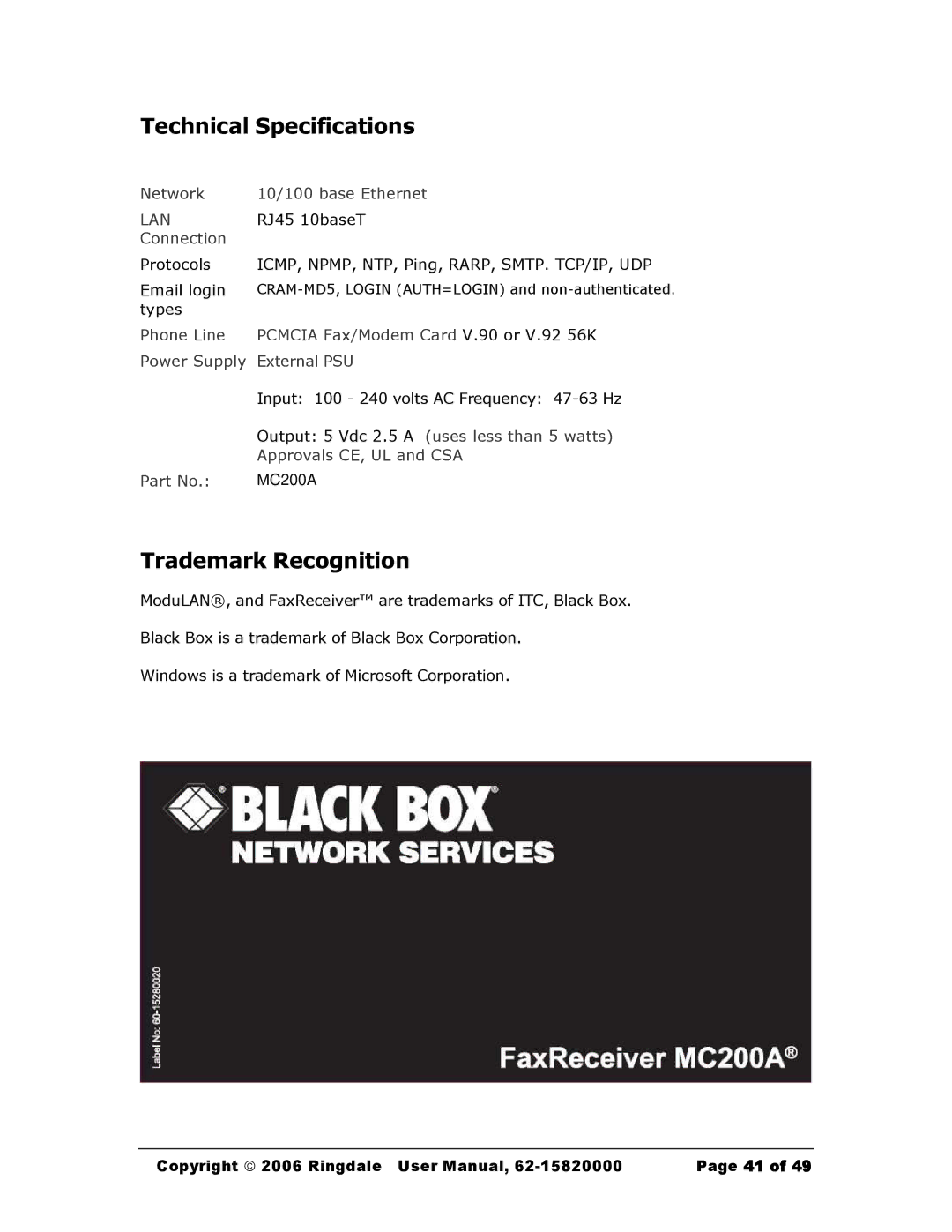 Black Box Black Box Network Services FaxReceiver, MC200A user manual Technical Specifications, Trademark Recognition 