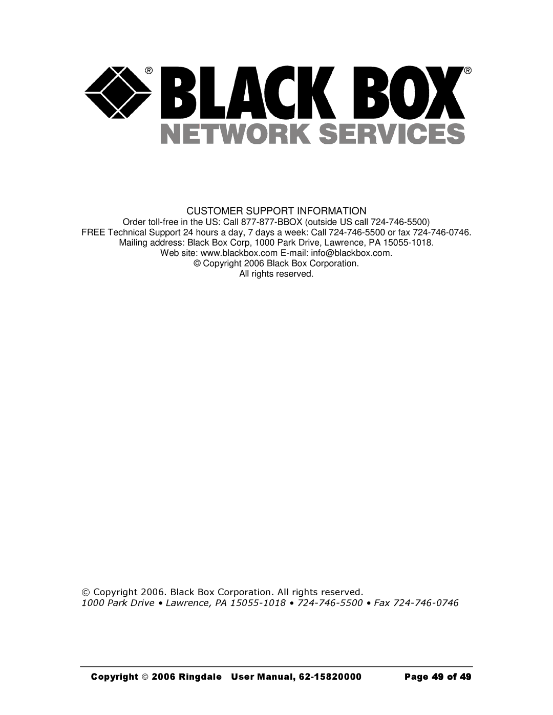 Black Box Black Box Network Services FaxReceiver, MC200A user manual Customer Support Information 