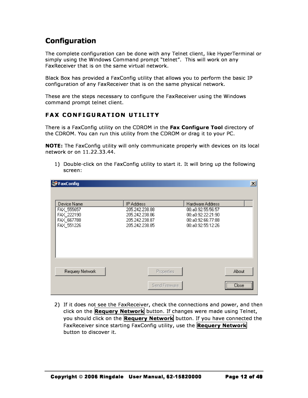 Black Box MC200A user manual Fax Configuration Utility, Copyright  2006 Ringdale User Manual, Page 12 of 