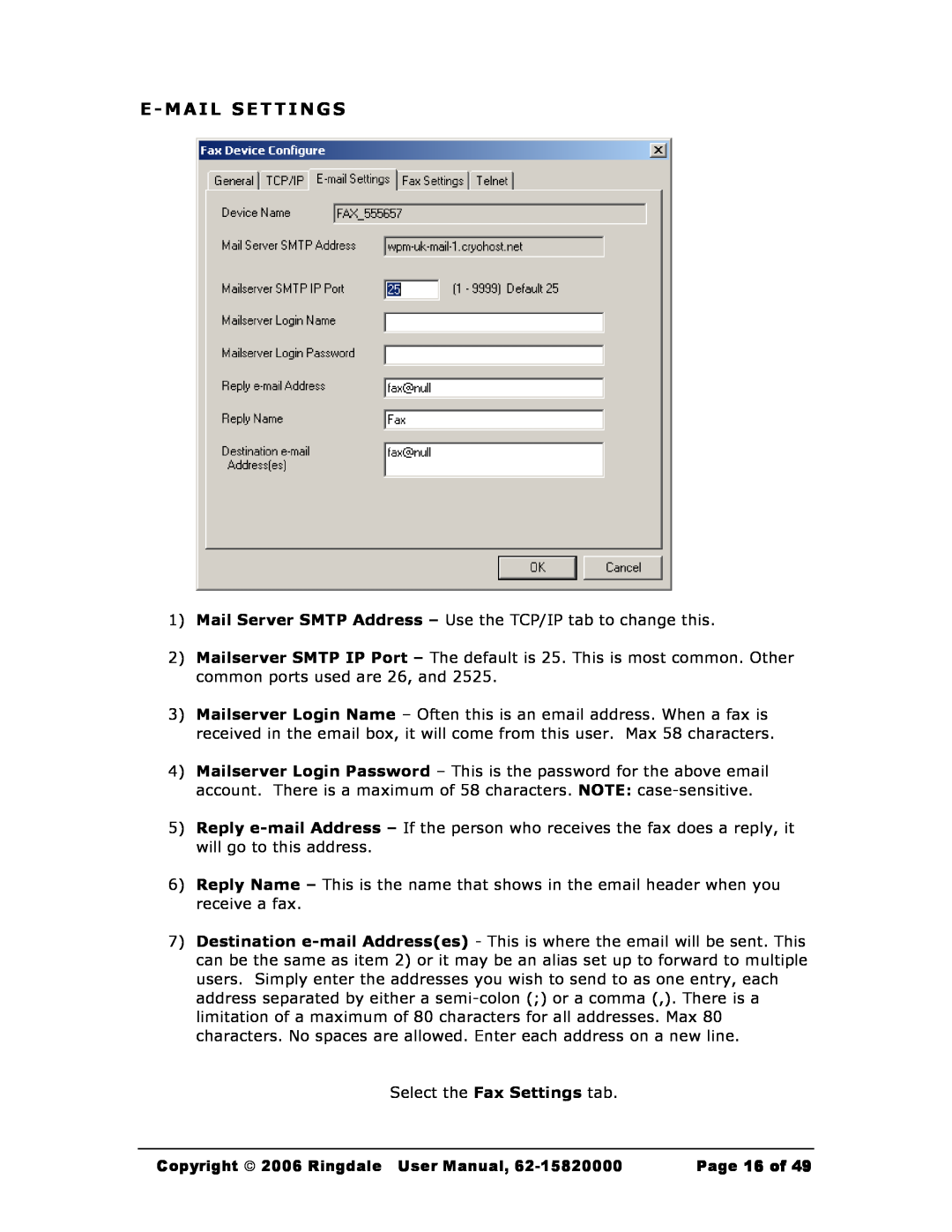 Black Box MC200A user manual E-Mail Settings, Copyright  2006 Ringdale User Manual, Page 16 of 