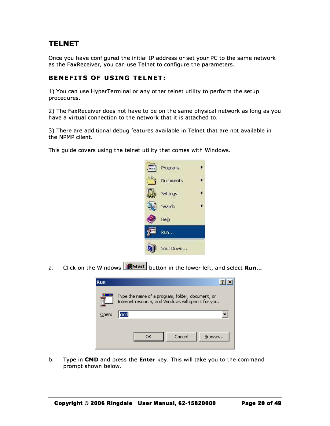 Black Box MC200A user manual Benefits Of Using Telnet, Copyright  2006 Ringdale User Manual, Page 20 of 