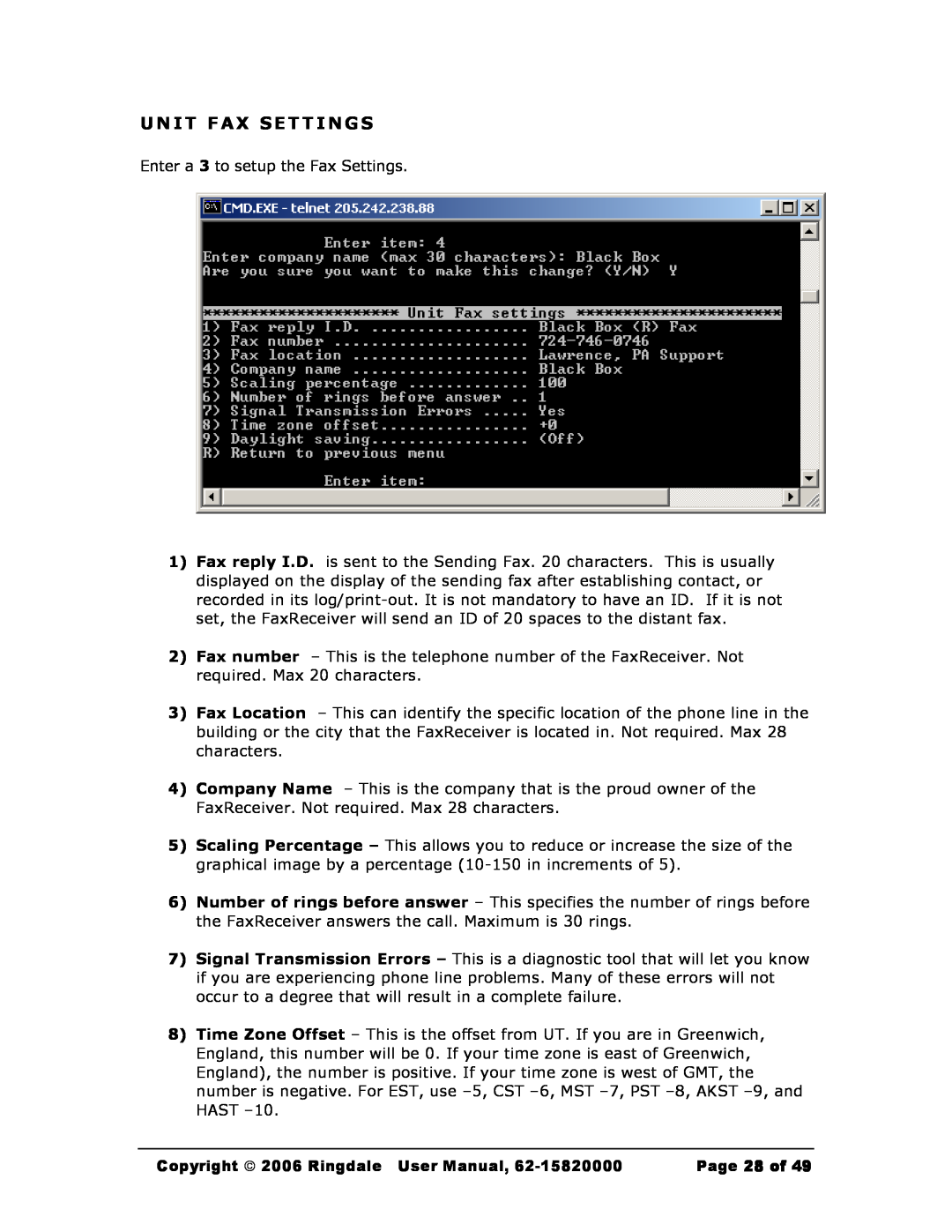 Black Box MC200A user manual Unit Fax Settings, Copyright  2006 Ringdale User Manual, Page 28 of 
