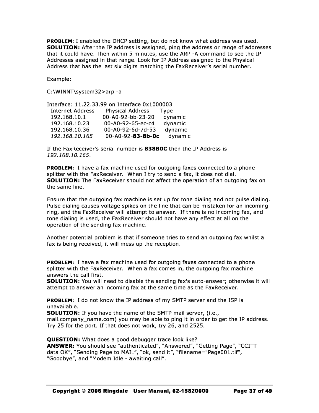 Black Box Black Box Network Services FaxReceiver Example C\WINNT\system32arp -a, Copyright  2006 Ringdale User Manual 