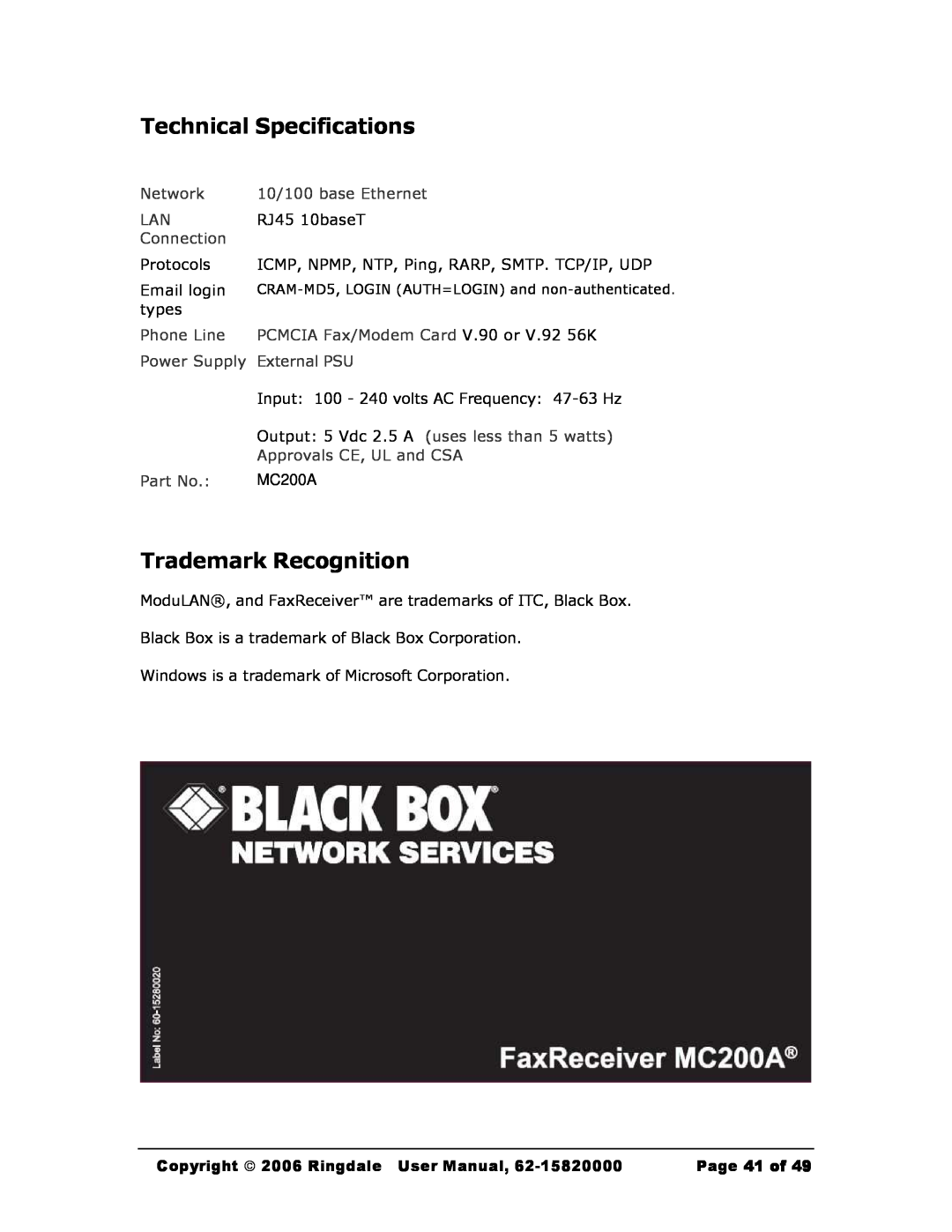 Black Box Black Box Network Services FaxReceiver, MC200A Technical Specifications, Trademark Recognition, Page 41 of 