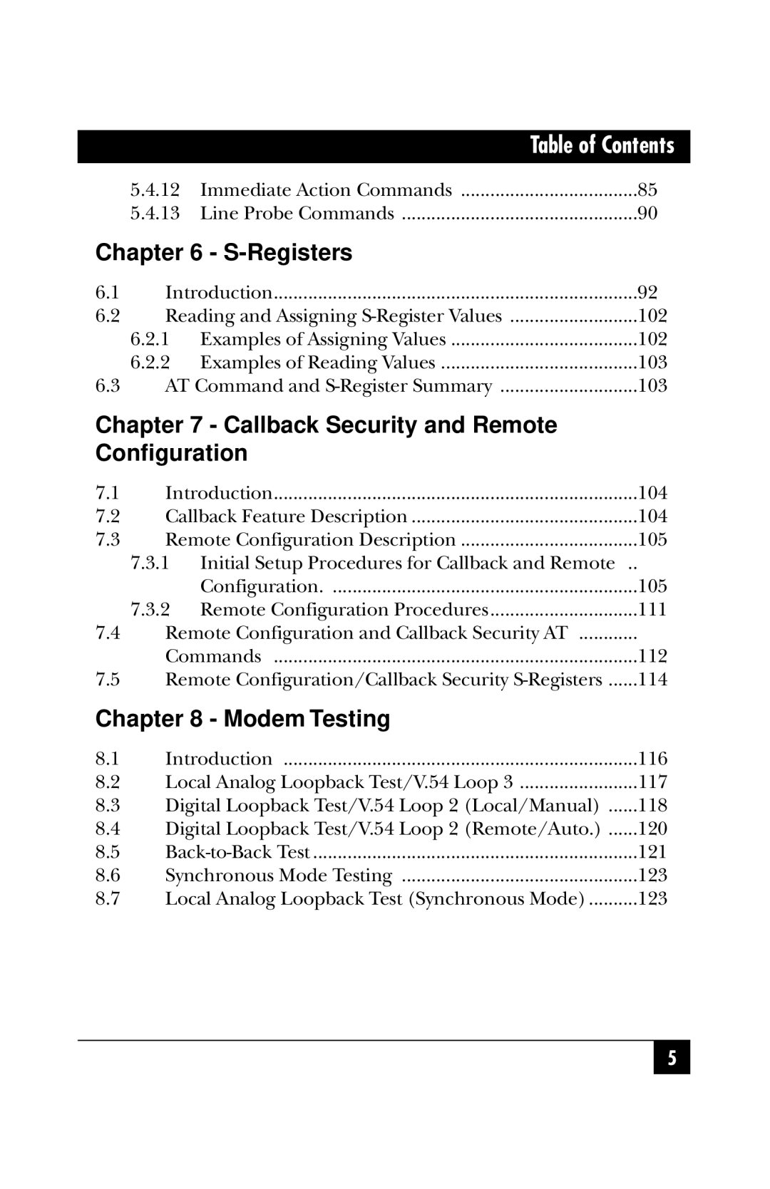 Black Box MD1640A, MD1641A manual Registers, Callback Security and Remote Configuration, Modem Testing 