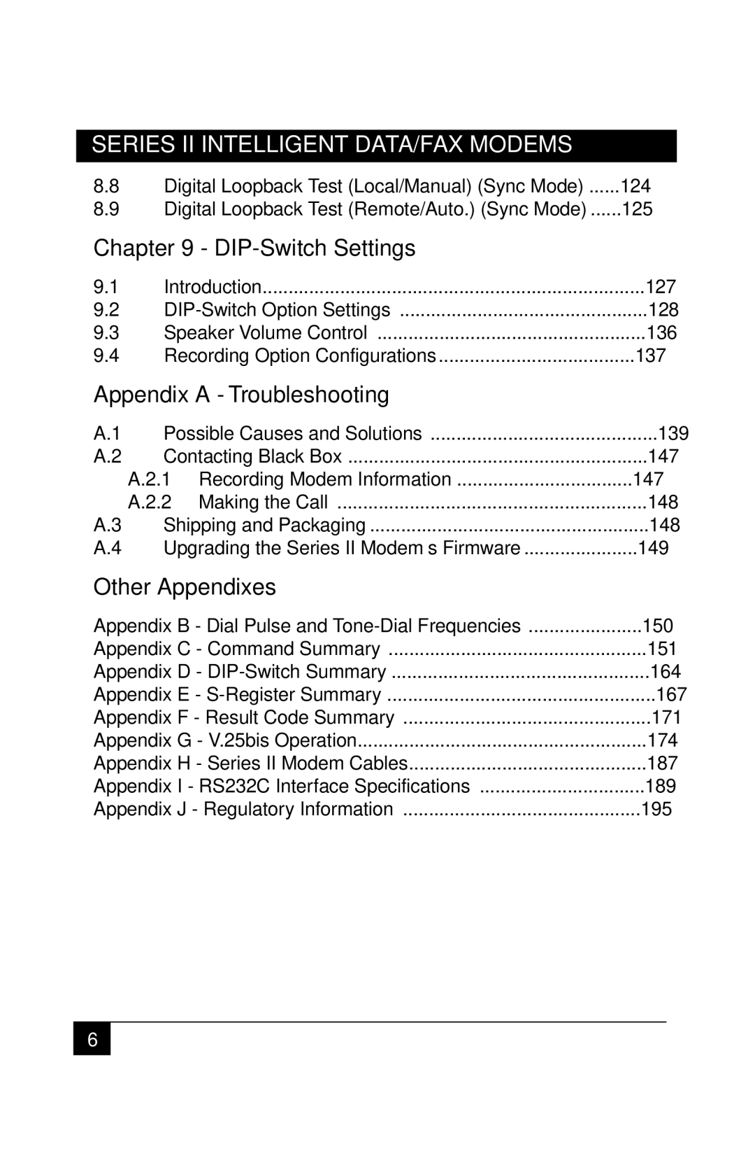 Black Box MD1641A, MD1640A manual DIP-Switch Settings, Appendix a Troubleshooting, Other Appendixes 