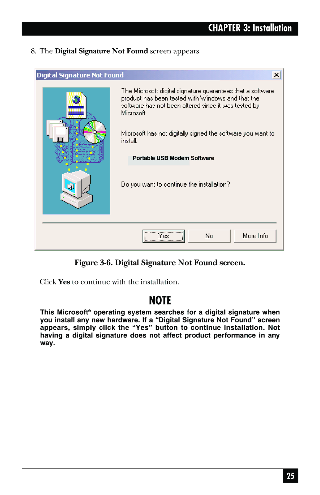 Black Box MD403A user manual Digital Signature Not Found screen appears, Click Yes to continue with the installation 