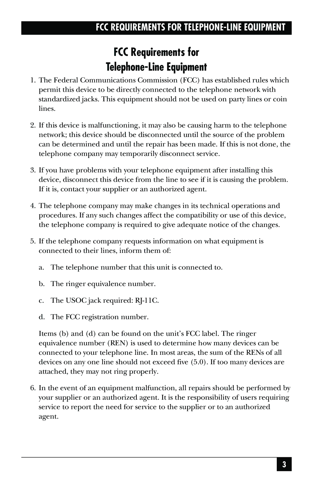 Black Box MD403A user manual FCC Requirements for Telephone-Line Equipment 