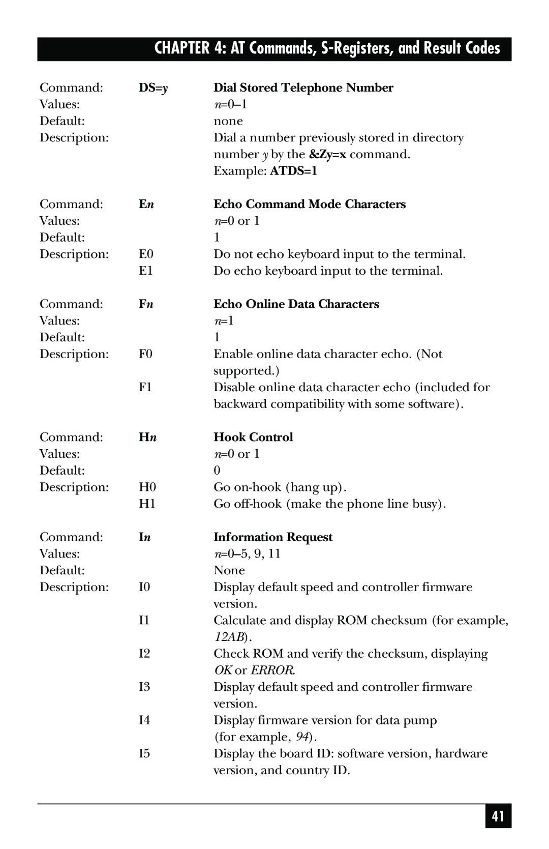 Black Box MD403A user manual DS=y Dial Stored Telephone Number, Echo Command Mode Characters, Echo Online Data Characters 