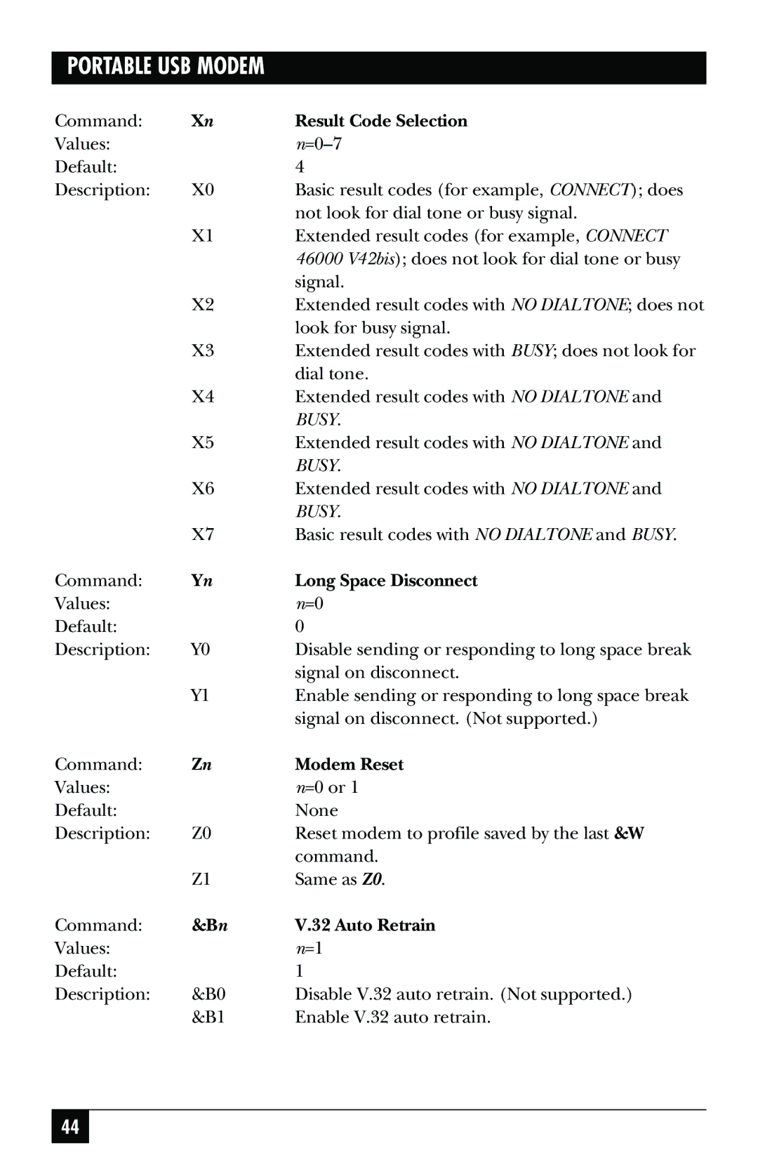 Black Box MD403A user manual Result Code Selection, Long Space Disconnect, Modem Reset, Auto Retrain 