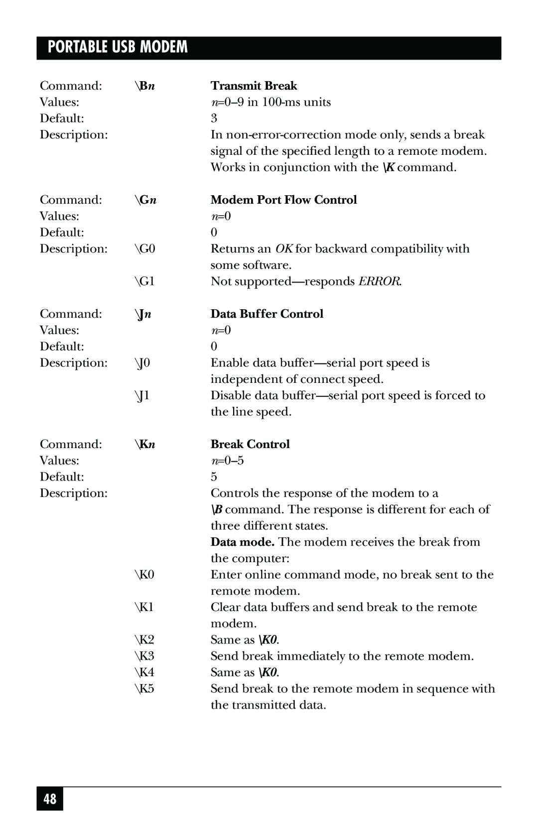 Black Box MD403A user manual Bn Transmit Break, Gn Modem Port Flow Control, Jn Data Buffer Control, Kn Break Control 