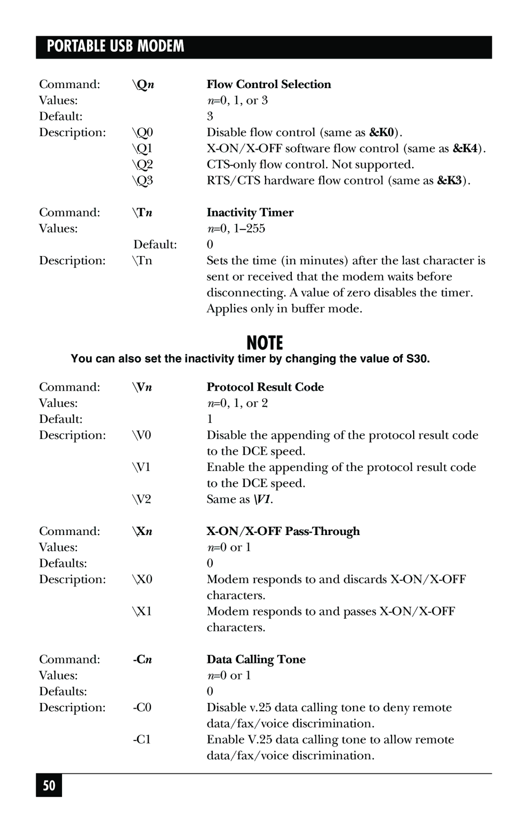 Black Box MD403A Qn Flow Control Selection, Tn Inactivity Timer, Vn Protocol Result Code, Xn ON/X-OFF Pass-Through 