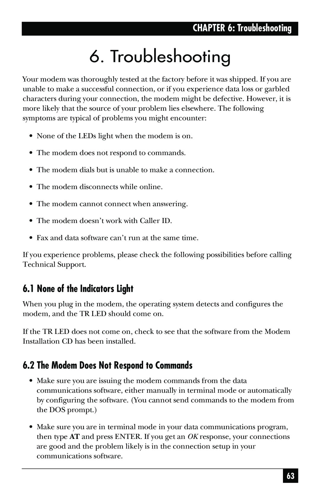 Black Box MD403A user manual Troubleshooting, None of the Indicators Light, Modem Does Not Respond to Commands 