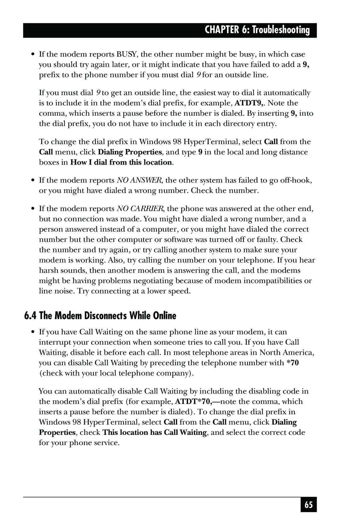 Black Box MD403A user manual Modem Disconnects While Online 