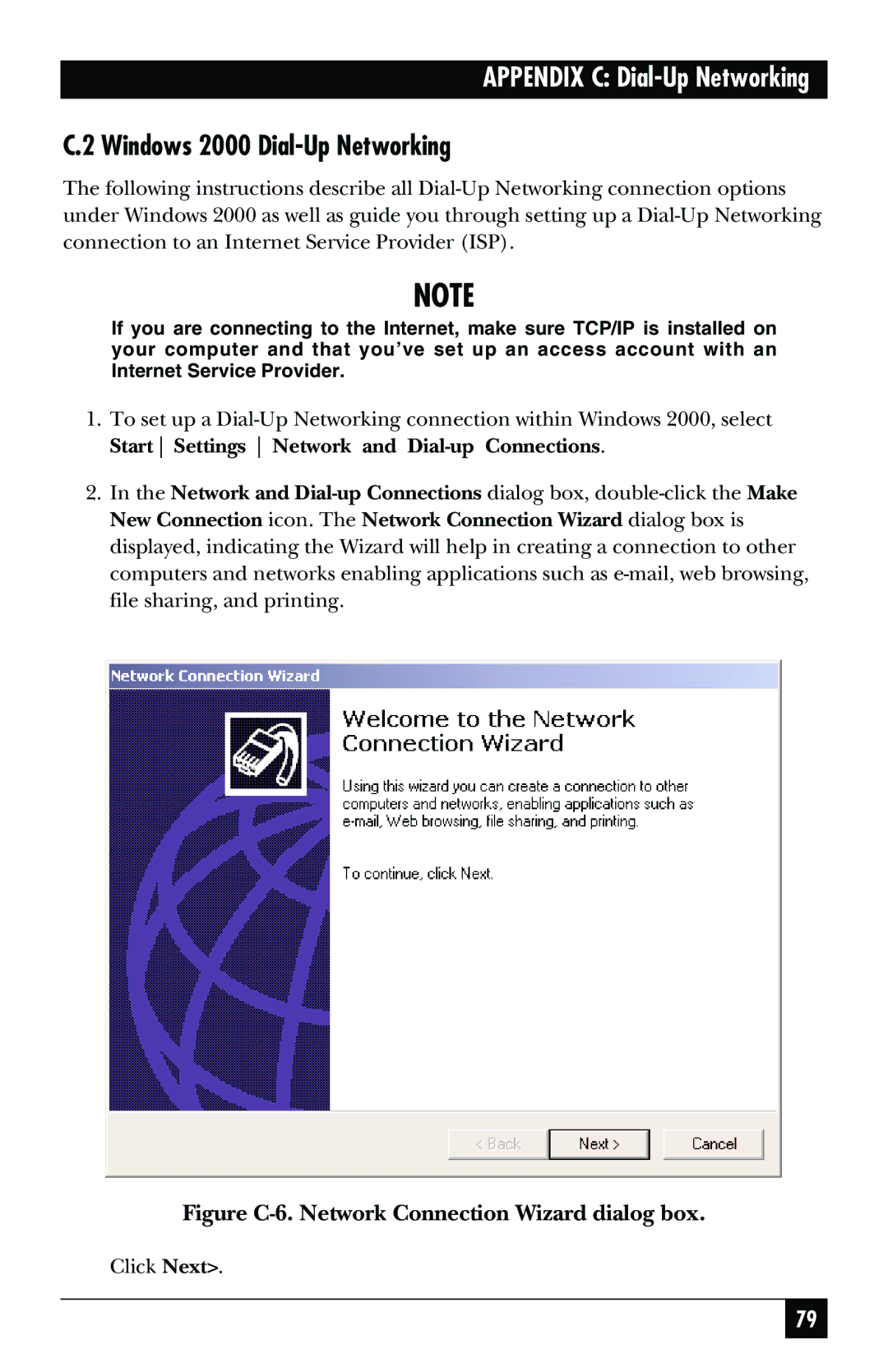 Black Box MD403A user manual Windows 2000 Dial-Up Networking, Figure C-6. Network Connection Wizard dialog box 